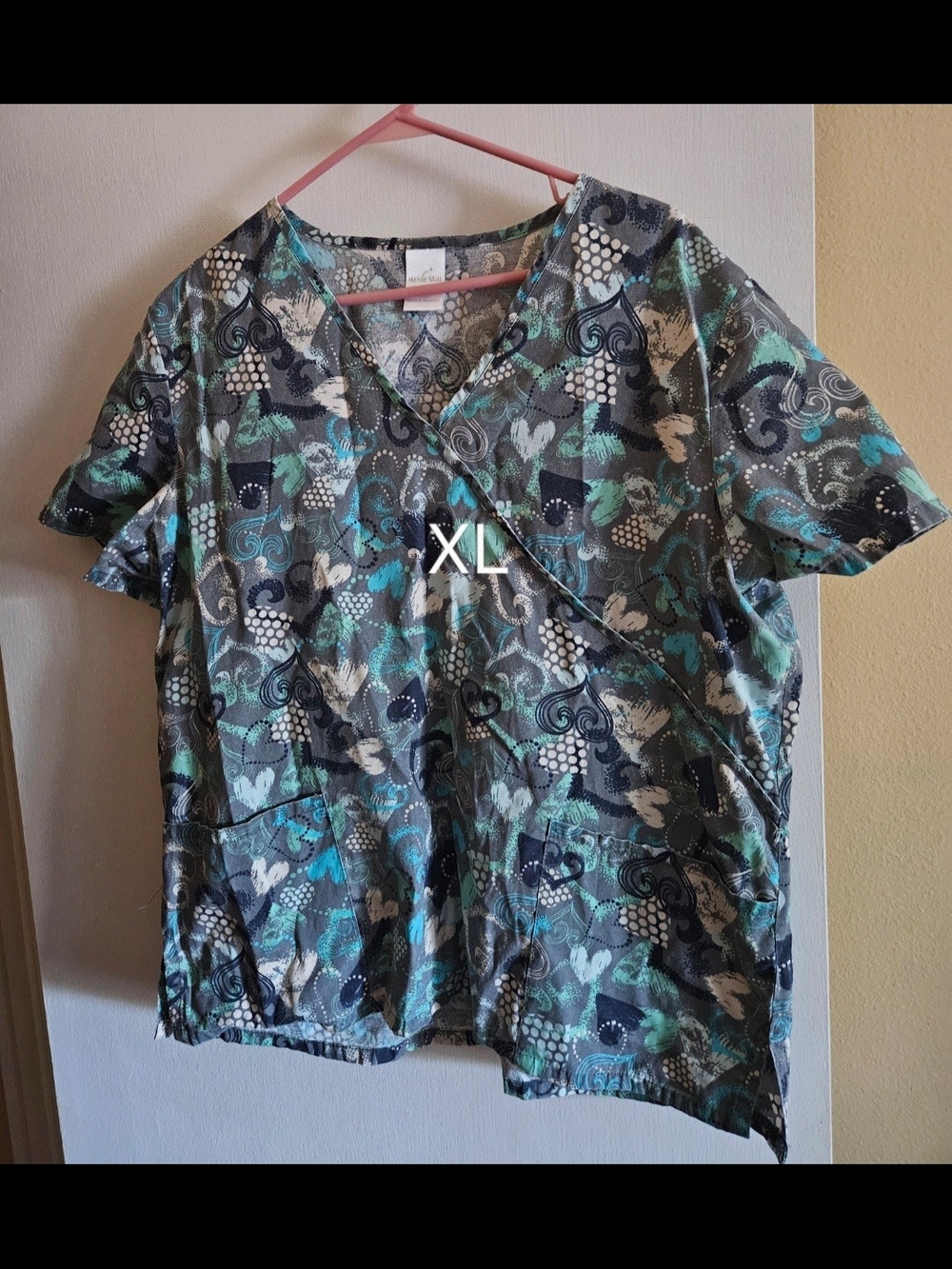 Floral Abstract Print Scrub Top in Teal & Gray